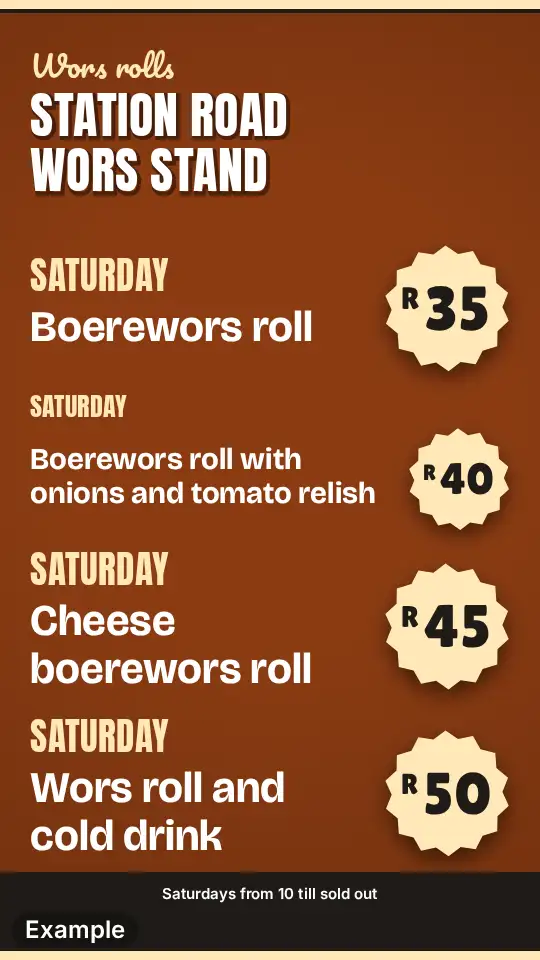 Boerewors roll poster on a rust brown ground on a tall picture: heavy cream capitals for the heading, four rolls with their day, and each price on a cream starburst