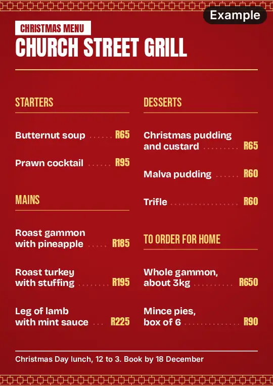 Christmas menu on a red ground on A4: white capitals for the heading, gold section names and prices, a thin gold lattice along the top and foot, four sections of dishes with their prices and the booking line at the foot