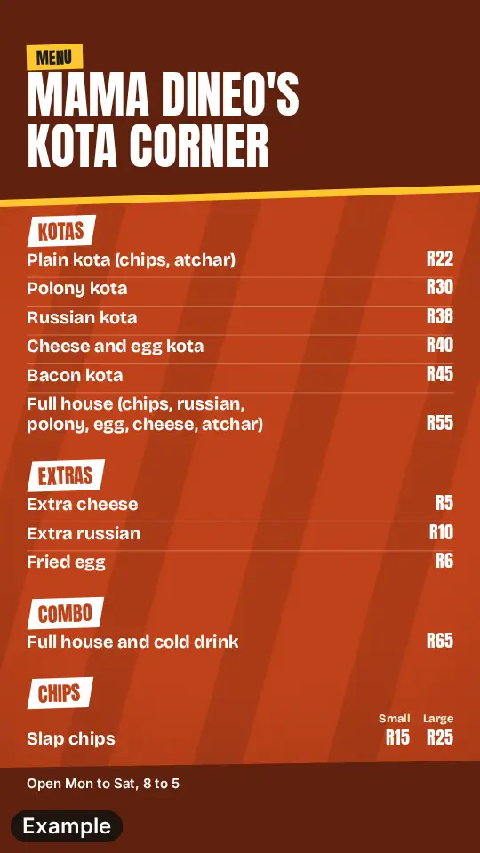 Kota menu in the Kasi look: orange and red, section names on tilted white tabs, four sections with small and large prices for chips
