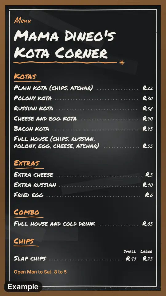Kota menu on a chalkboard with four sections, chalk lettering and dotted lines to the prices, and small and large prices for chips