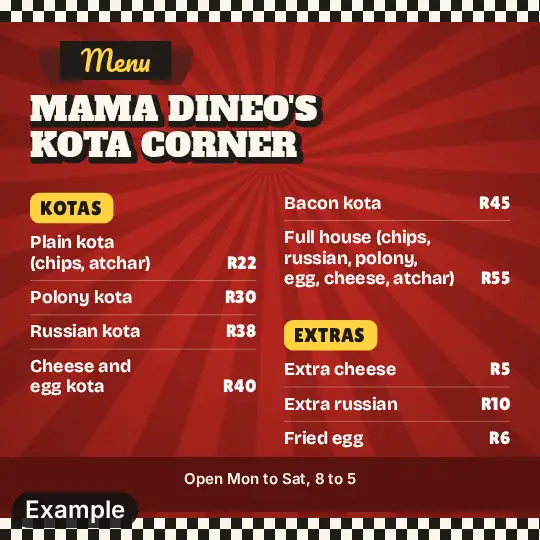 Kota menu in the Shisa nyama look: red with a checker edge and yellow section labels, two sections, the first nine items
