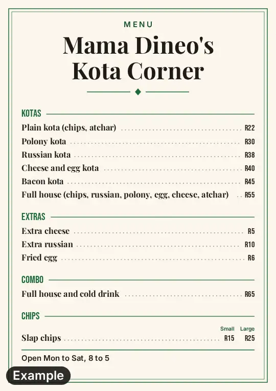 Kota menu in the Sunday lunch look on A4: a cream card with a green frame, four sections, serif item names and dotted lines to the prices