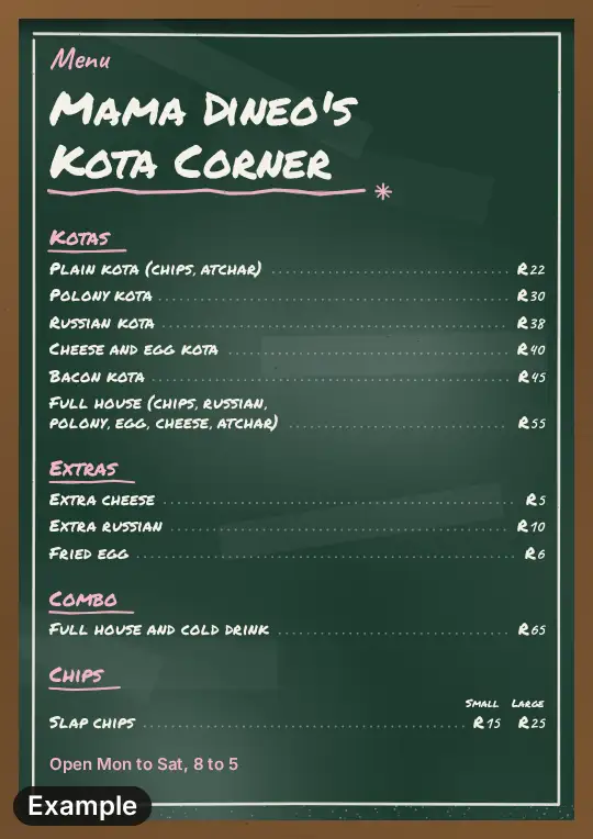 Kota menu on a green chalkboard on A4, chalk lettering, four sections with small and large prices for chips