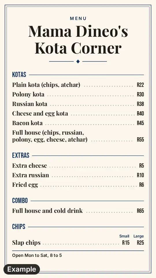 Kota menu in the Sunday lunch look in navy blue, a framed card with four sections, for posting as a Story