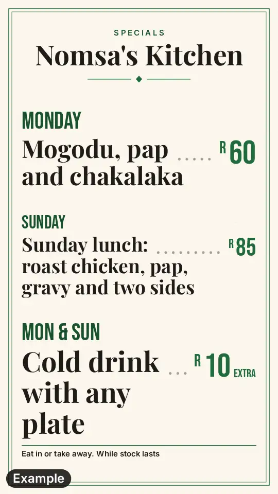 Lunch special poster in the Sunday lunch look: a cream card with a green frame, a Monday mogodu special, a Sunday lunch special and a cold drink offer
