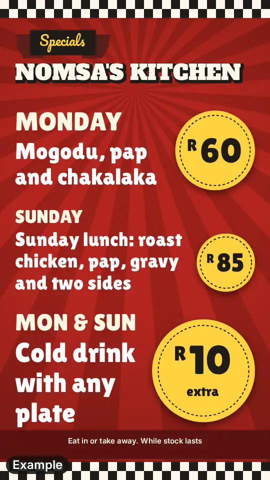 Lunch special poster in the Shisa nyama look: red with a checker edge, the Monday and Sunday specials with yellow price circles