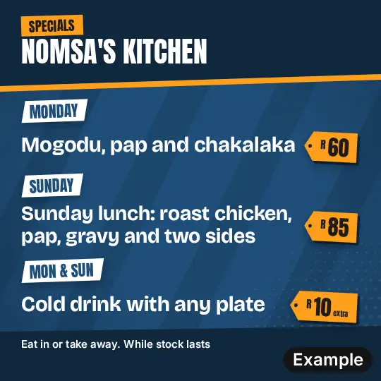 Lunch special poster in the Kasi look in blue: tilted white day labels and orange price tags, three specials in a square