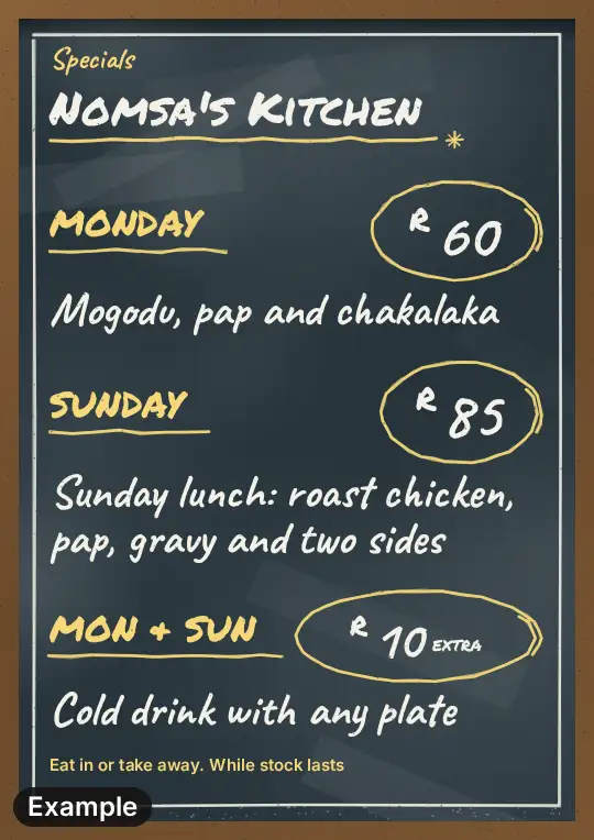 Lunch special poster on a slate chalkboard on A4, chalk lettering with circled prices for the Monday and Sunday specials