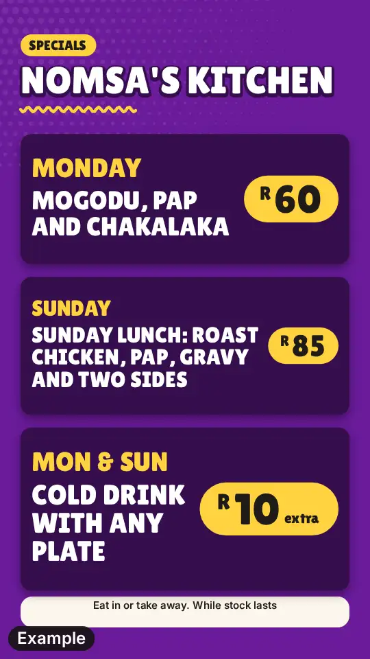 Lunch special poster in the Bold look in plum: each special on its own dark rounded card with a yellow price bubble