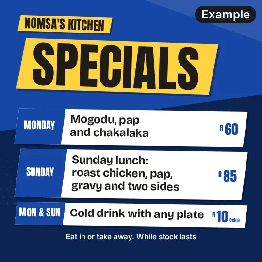 Lunch special poster in the Big headline look in blue: the word Specials in huge letters on a yellow block, three specials in white rows