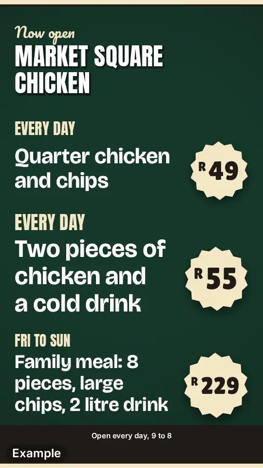 Chicken specials on dark green on a tall picture: Now open in cream script over the name in white capitals, three specials with their days in cream and each price on a cream starburst