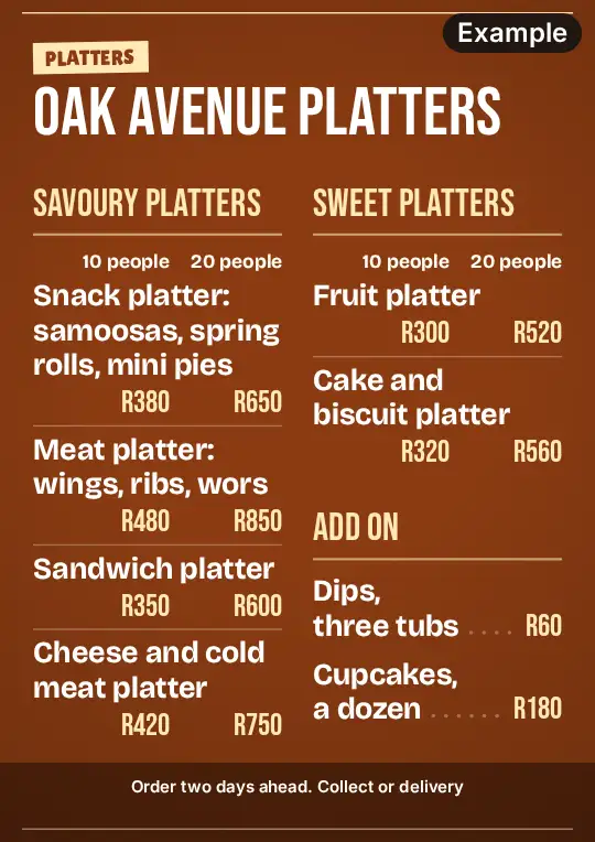 Platter price list on rust brown on A4: cream capitals for the heading and the platters, the savoury and sweet platters with two sizes and the price for each, and the add-ons at the foot