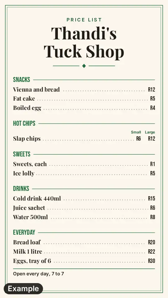 Tuck shop price list in the Sunday lunch look: a cream card with a green frame and five sections from Snacks to Everyday, with small and large prices for the chips