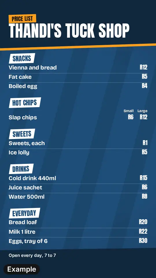 Tuck shop price list in the Kasi look: blue with white section tabs and white prices, five sections, drinks and sweets included