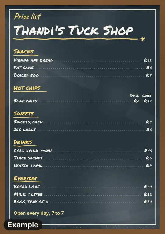 Tuck shop price list on a slate chalkboard, five sections, printed on A5 for a counter