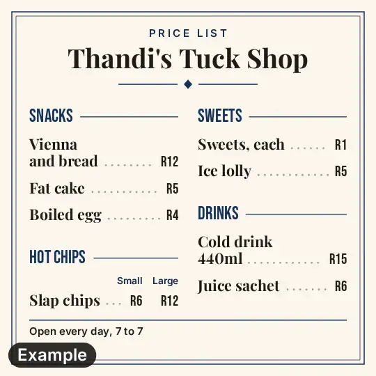 Price list in the Sunday lunch look, a square cream card with the first eight items in four sections
