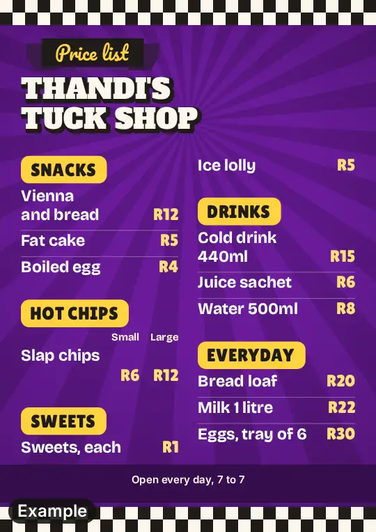 Tuck shop price list in the Shisa nyama look in plum on A4, with a checker edge and yellow section labels