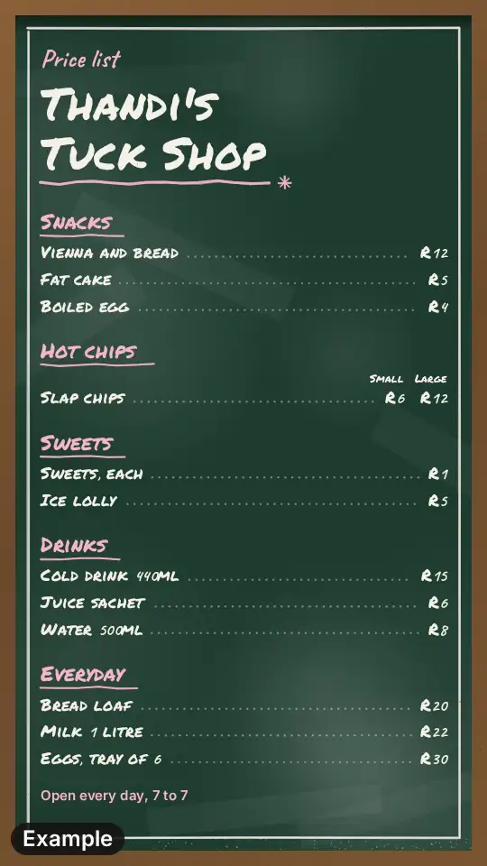 Tuck shop price list on a green chalkboard, five sections with chalk lettering, drawn as a Story