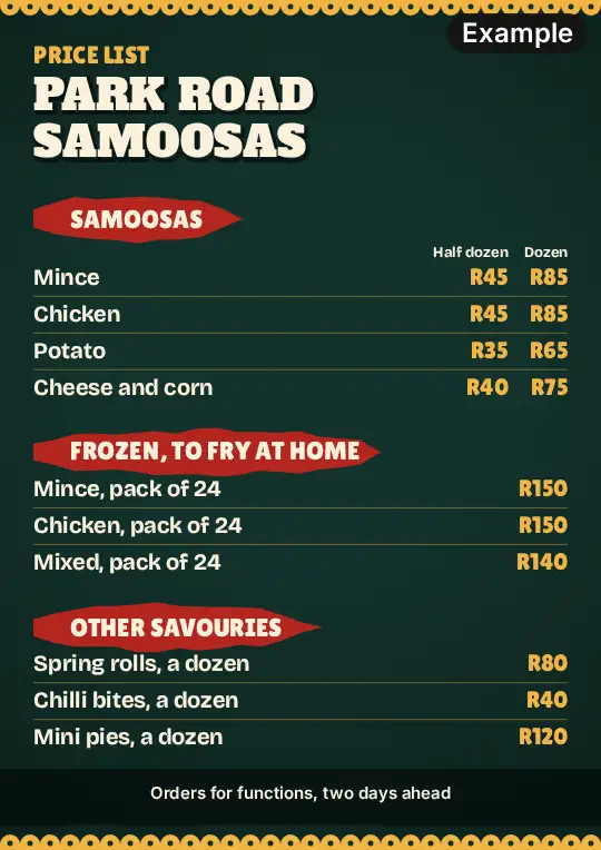 Samoosa price list in green and gold on A4: a scalloped border along the top and foot, the heading in cream capitals, the samoosas by the half dozen and dozen, and the frozen packs and other savouries below