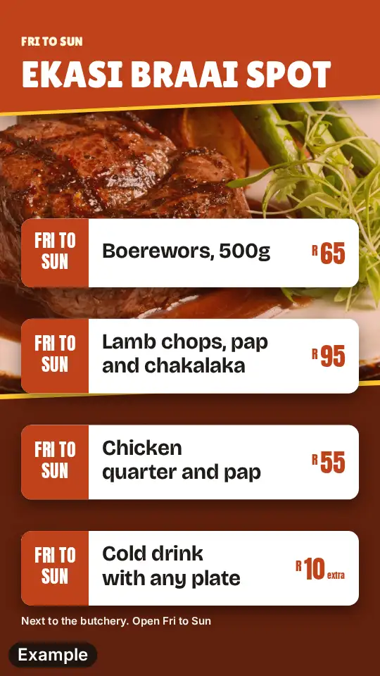 Shisa nyama specials poster in the Photo look: the place name in a bar across the top, a photo of a steak below it, and four specials with prices on cards over the lower edge of the photo, Friday to Sunday