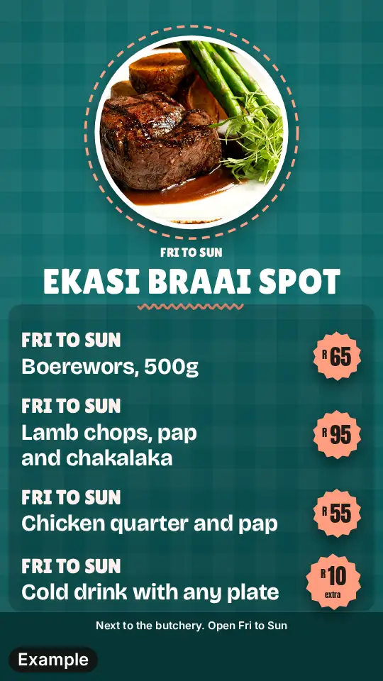 Shisa nyama specials poster in the Circle look: a steak photo in a round frame above four specials with prices, in teal