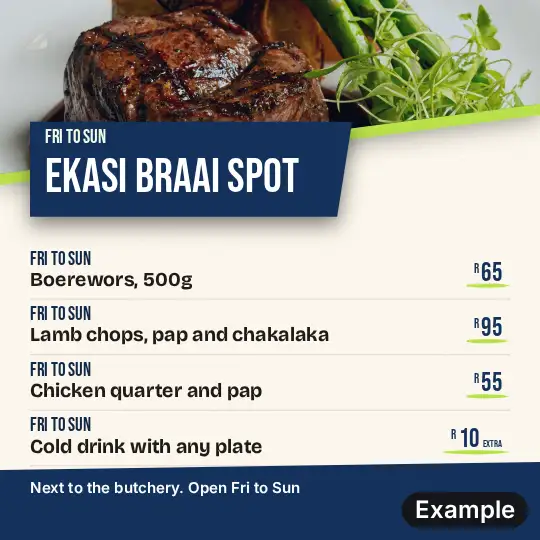 Shisa nyama specials poster in the Split look: a steak photo across the top of a square, a navy label with the place name, and four specials with prices below