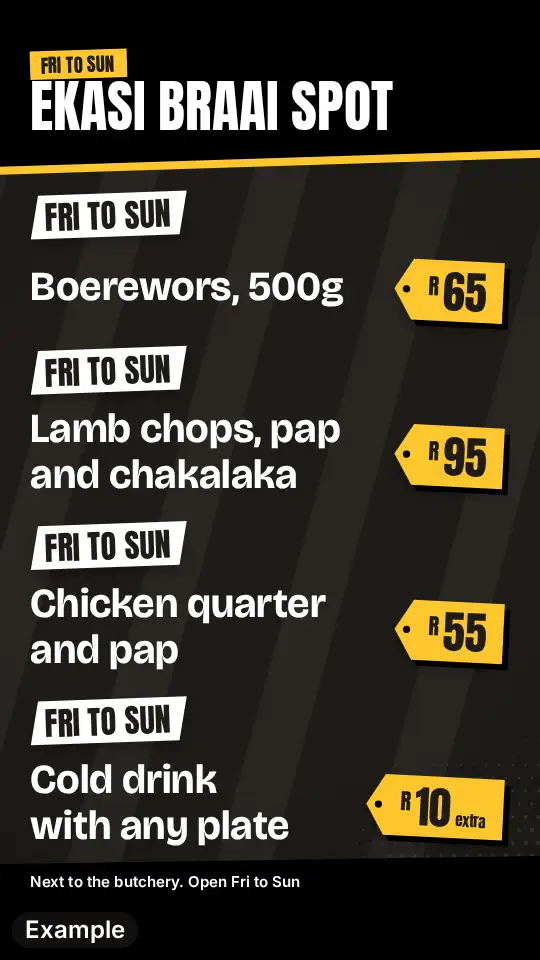 Shisa nyama specials poster in the Kasi look in charcoal with yellow price tags, four specials, no photo