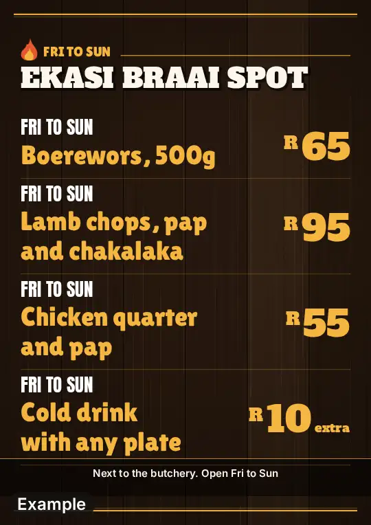 Shisa nyama specials poster in the Shisa nyama look on A4: dark wood with a flame by the heading, the specials in gold with gold prices