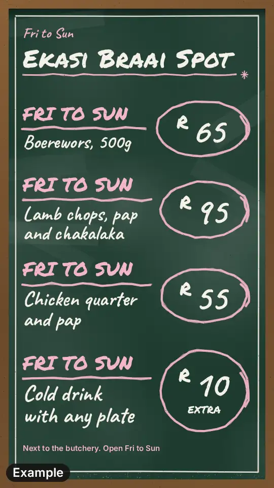 Shisa nyama specials on a green chalkboard, four specials with circled prices, chalk lettering