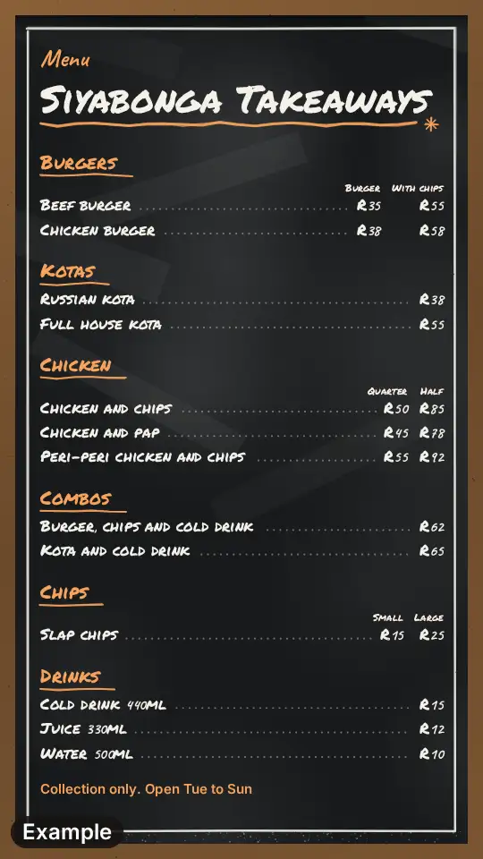 Takeaway menu on a blackboard with six sections: burgers, kotas, chicken, combos, chips and drinks, with two price columns where there are two sizes