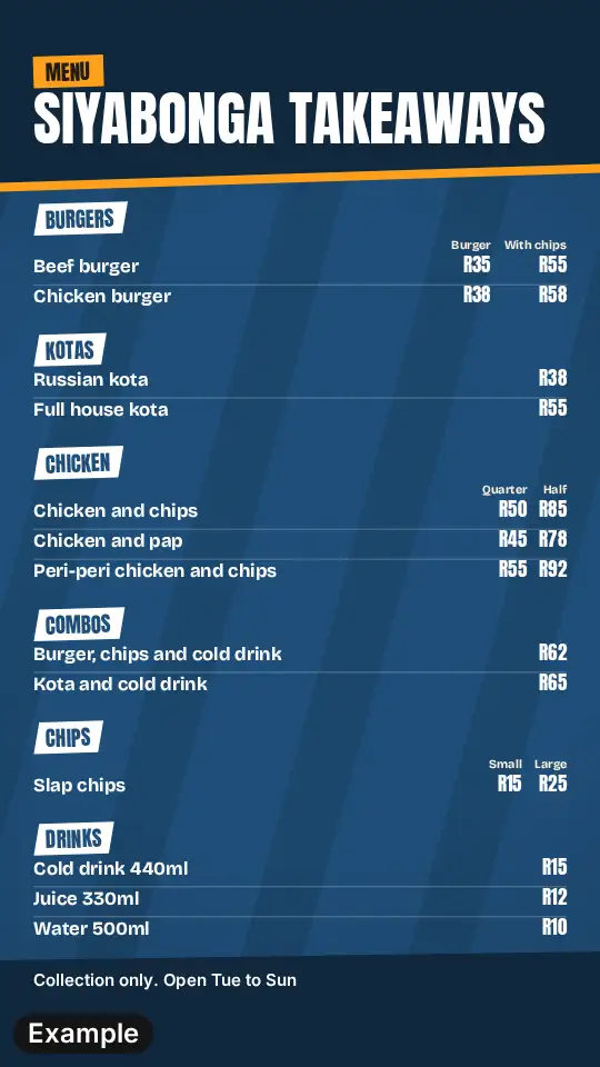 Takeaway menu in the Kasi look in blue: tilted white section tabs for burgers, kotas, chicken, combos, chips and drinks, with white prices