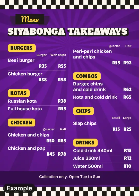 Takeaway menu in the Shisa nyama look in plum on A4, a checker edge and yellow section labels