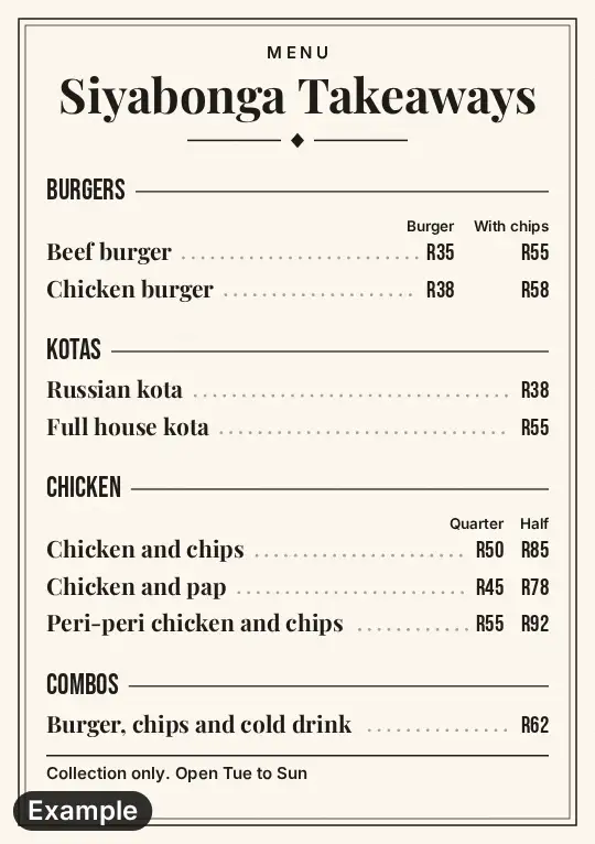Takeaway menu in the Sunday lunch look on A5, a cream card with a dark frame and the first eight items in four sections