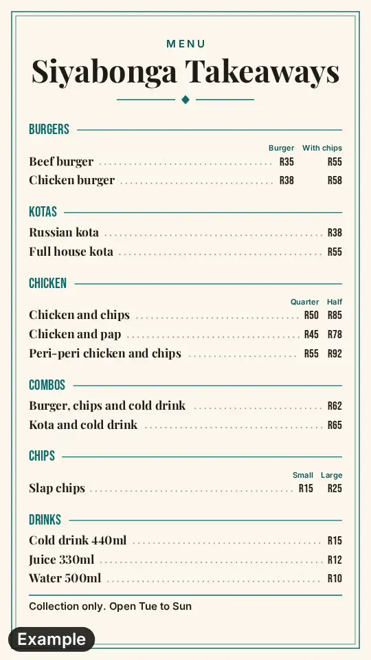 Takeaway menu in the Sunday lunch look in teal: a cream card with a frame, six sections and two price columns