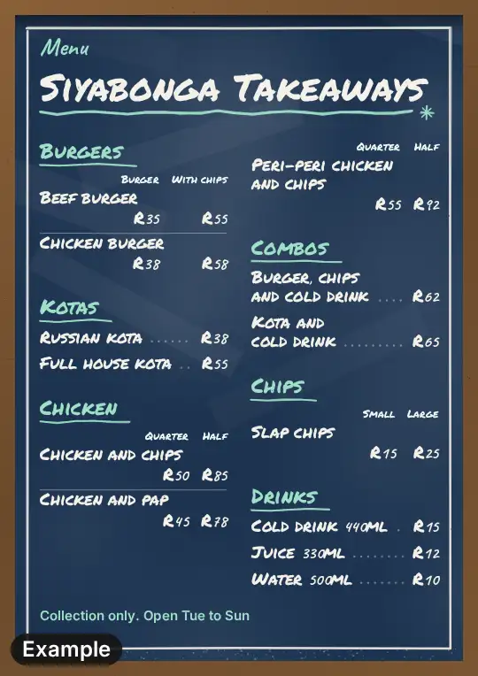Takeaway menu on a blue chalkboard on A4, six sections with chalk lettering and two price columns