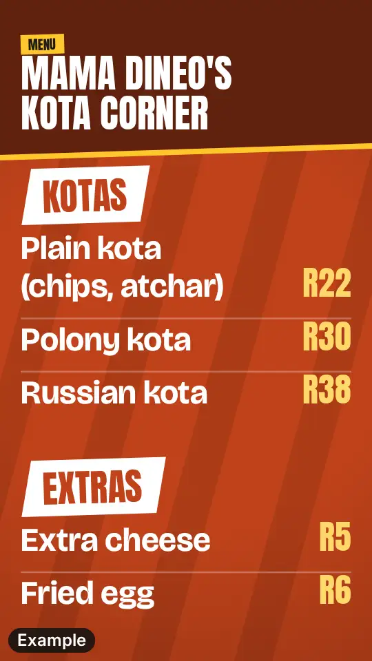 Kota menu in the Kasi look: orange and red, a Kotas section with three kotas and an Extras section with two extras